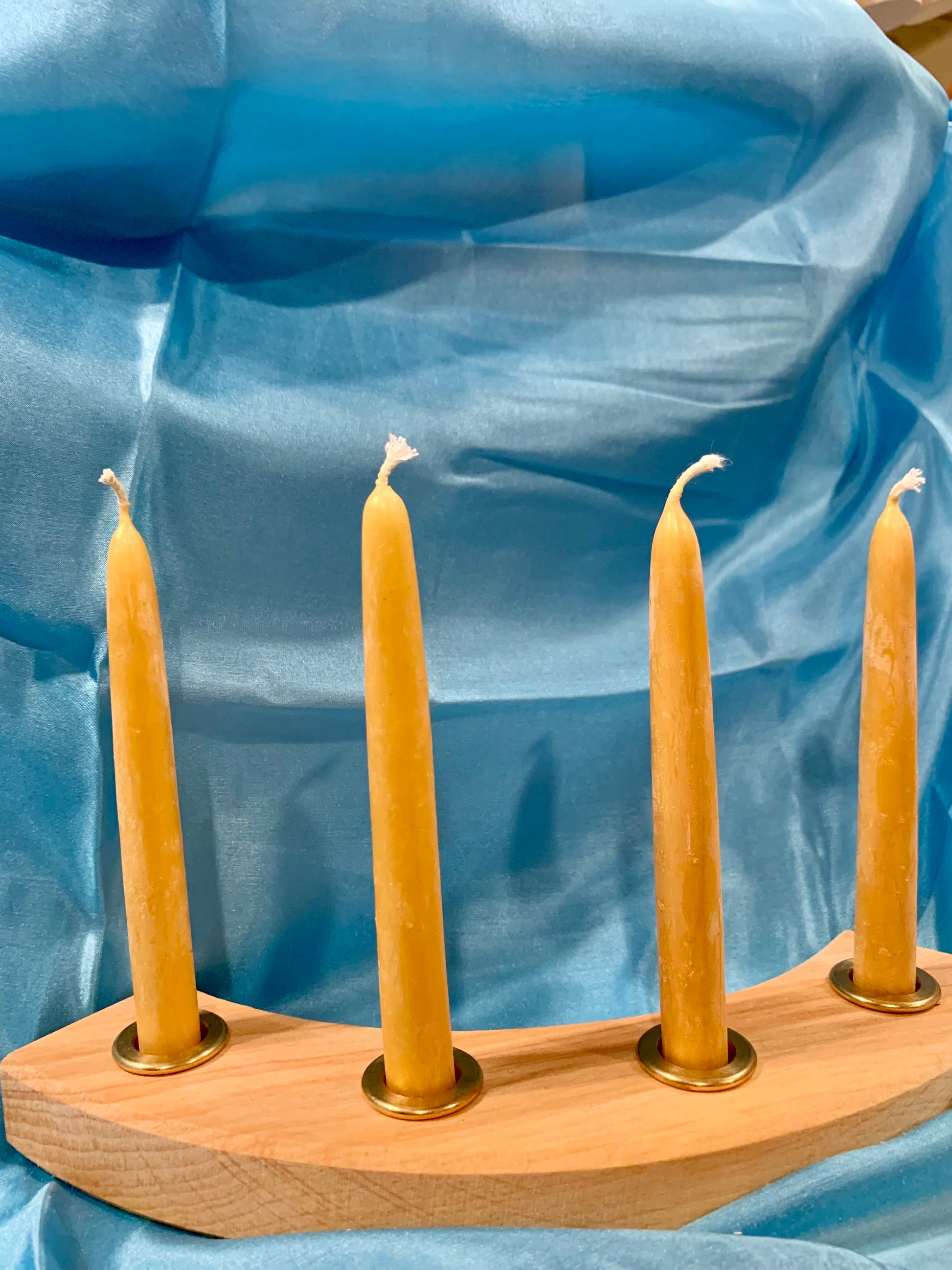 Hand dipped natural beeswax with ‘gold’ (mica) final layer