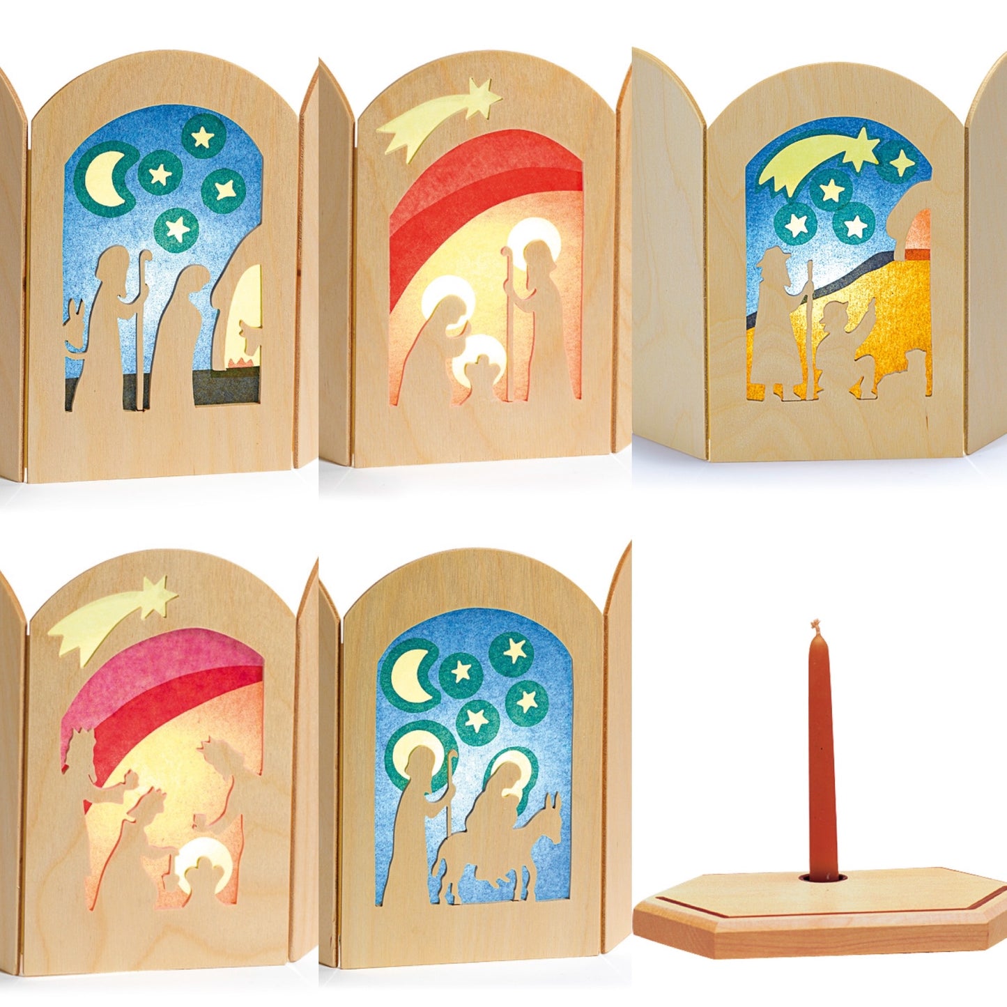 set of the five Nativity silhouette screens including wooden stand with candle houder