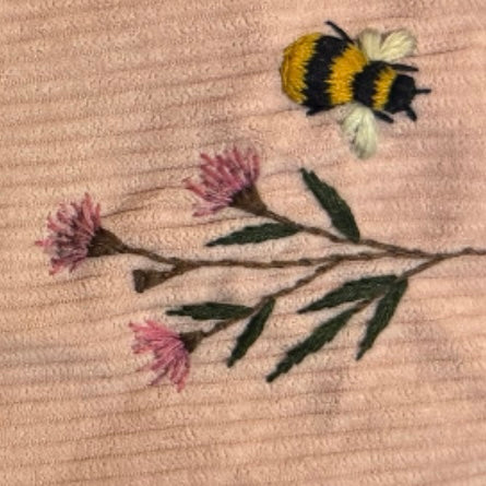 Juliette's Australian Native embroidery worked on a pink corderoy bag