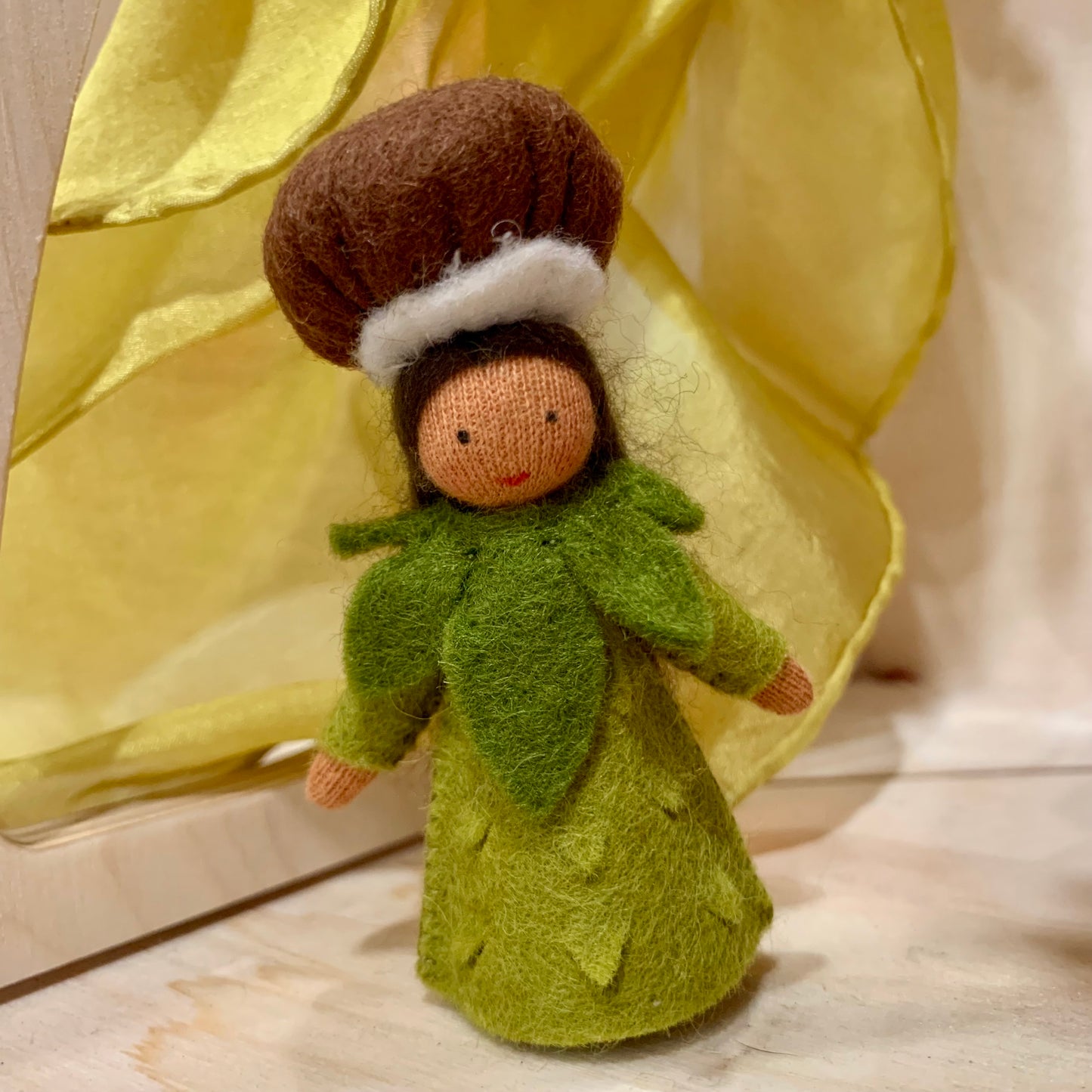 Ambrosius felt Mushroom fairy doll, cute brown button mushroom hat and olive green gown