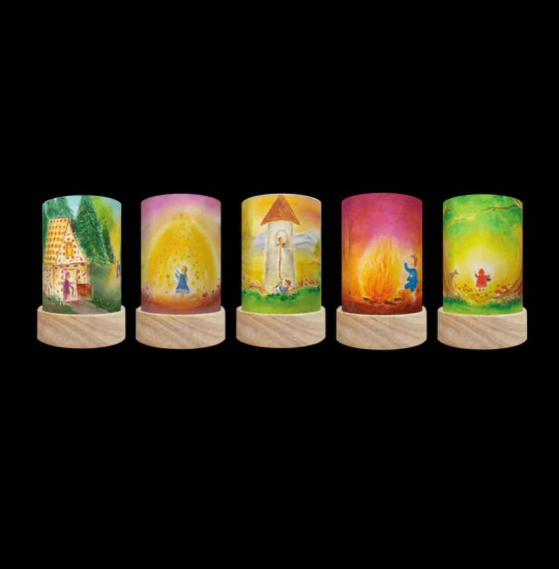 x 5 Colorful cylindrical lantern shades, each featuring a different  fairytale scene.