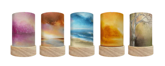 Set of x5 shades for the Toverlux lanterns, each featuring a natural landscape scene in watercolour .