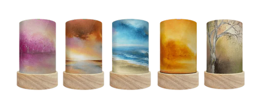 Set of x5 shades for the Toverlux lanterns, each featuring a natural landscape scene in watercolour .
