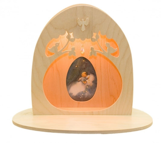De Noest Alter lamp with 'Nature' themed silhouette frame, the cutouts feature a birds in a tree either side, and a stage to present treasured figurines or present seasonal themed nature play