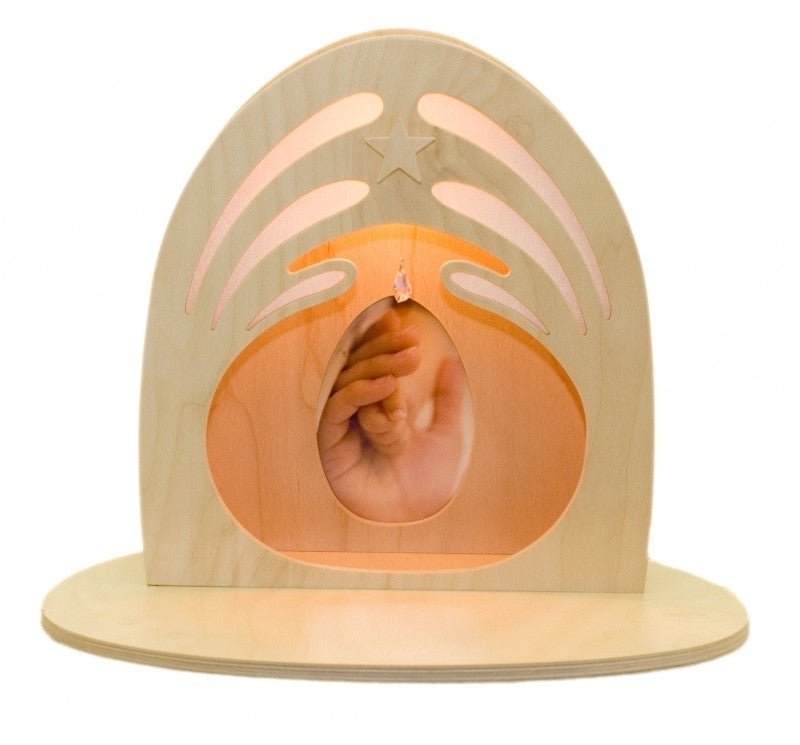A De Noest Alter lamp with a photograph in the back display window of a baby hand being held