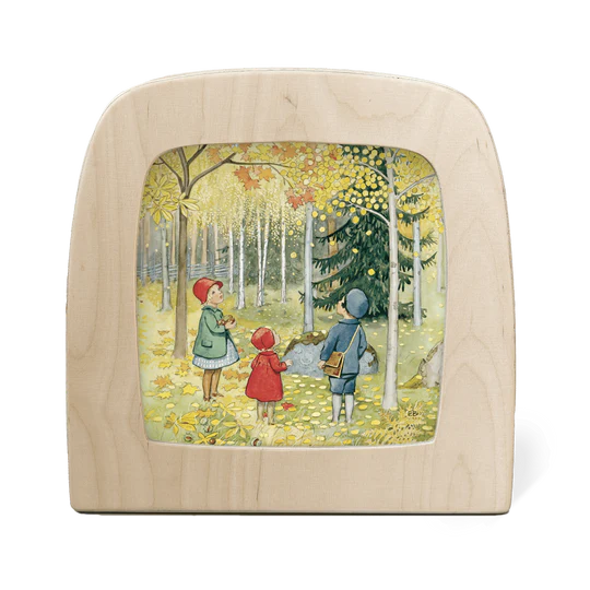 A charming illustration by Elsa Beskow of three children under trees in Autumn