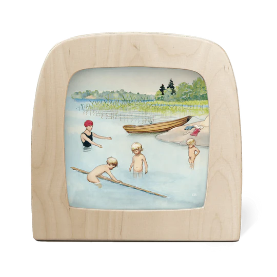 Elsa Beskow Summer scene depicting a mother with three children bathing in the water in a hot Summery day