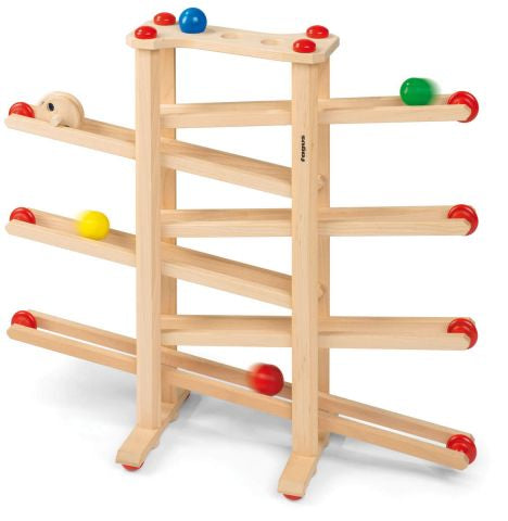 Large wooden marble run toy with colorful marble balls on a white background