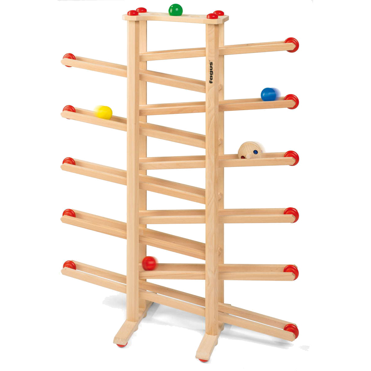 Giant wooden marble run toy with colorful marble balls on a white background