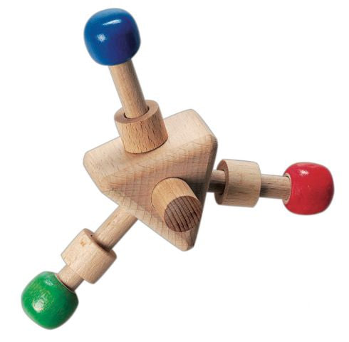 Wooden ball track spinner with colorful bead ends on a white background