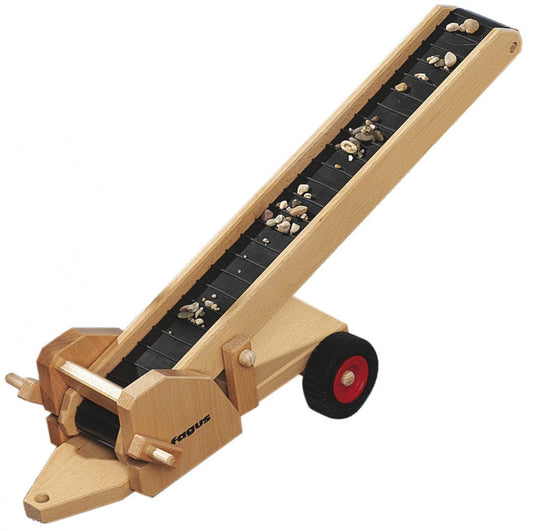 Wooden trailer with conveyer, with a black rubber belt and red wheels on a white background