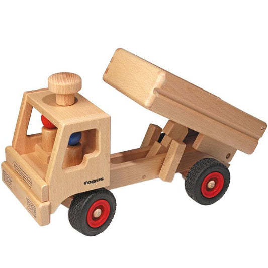Wooden toy  dumpeer tipmtruck with red wheels on a white background