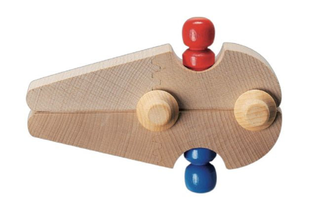 Wooden ball track runner car with red and blue drivers, on a white background