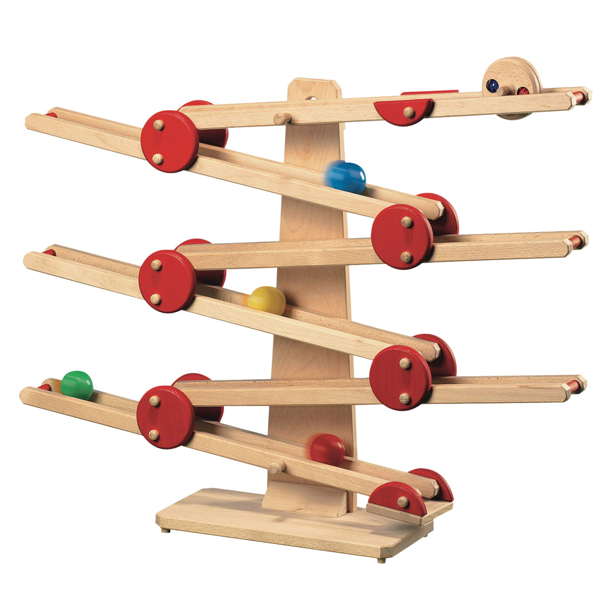 Foldup wooden marble ball run toy with colorful balls on a white background