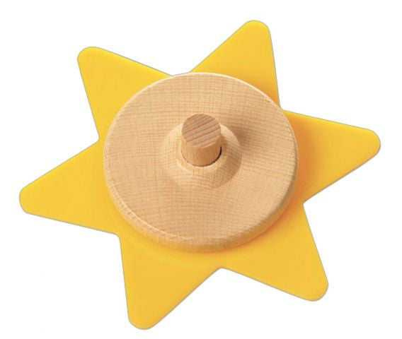 Wooden ball run disc with a yellow star-shaped base and wooden circular disc on a white background