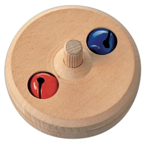 Wooden disk with red and blue bells on a white background
