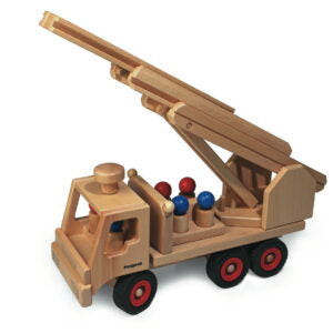Wooden toy fire truck with ladder and firemen peg people on a white background