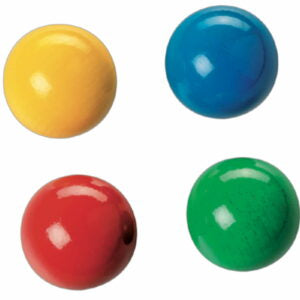 Four colorful wooden balls (yellow, blue, red, green) on a white background