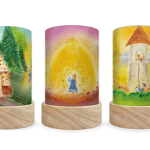 Star Money scene is one of a set of colorful cylindrical lantern shades with fairytale scenes.