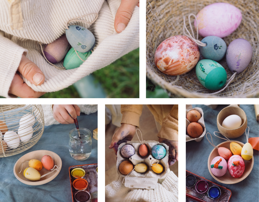 an assortment of Grapat wooden hanging tree decoration egss pictured with other eggs