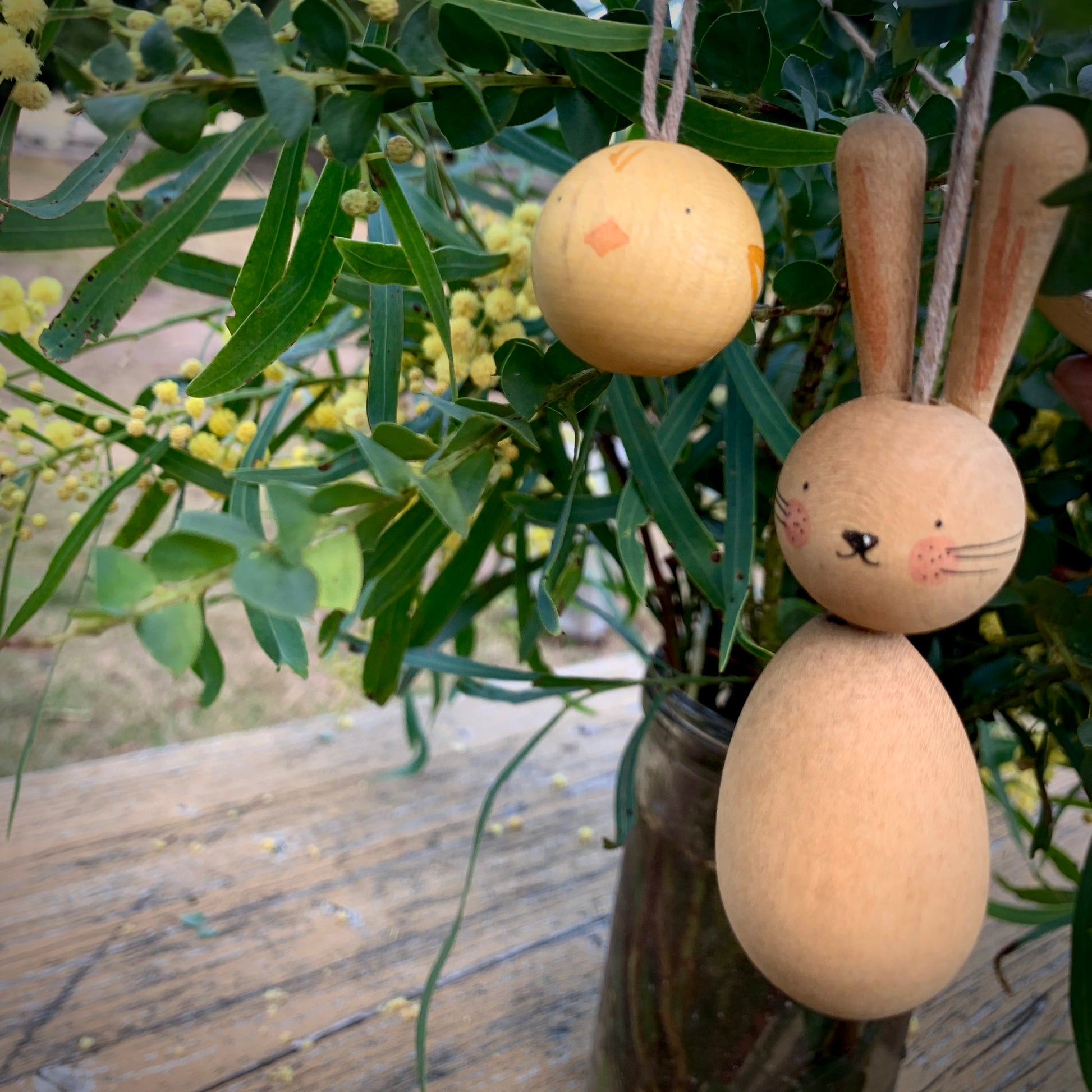 Hop and Peep Grapat hanging Easter decorations hanging in a wattle branch