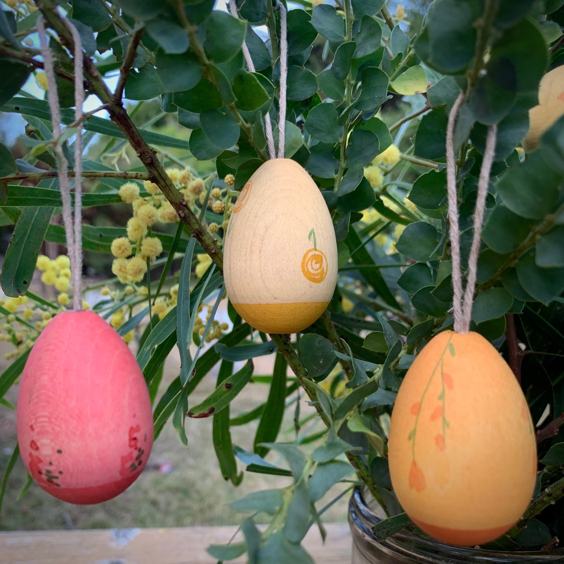 Grapat Sunrise set of Easter tree hanging decorations, hanging on a wattle branch