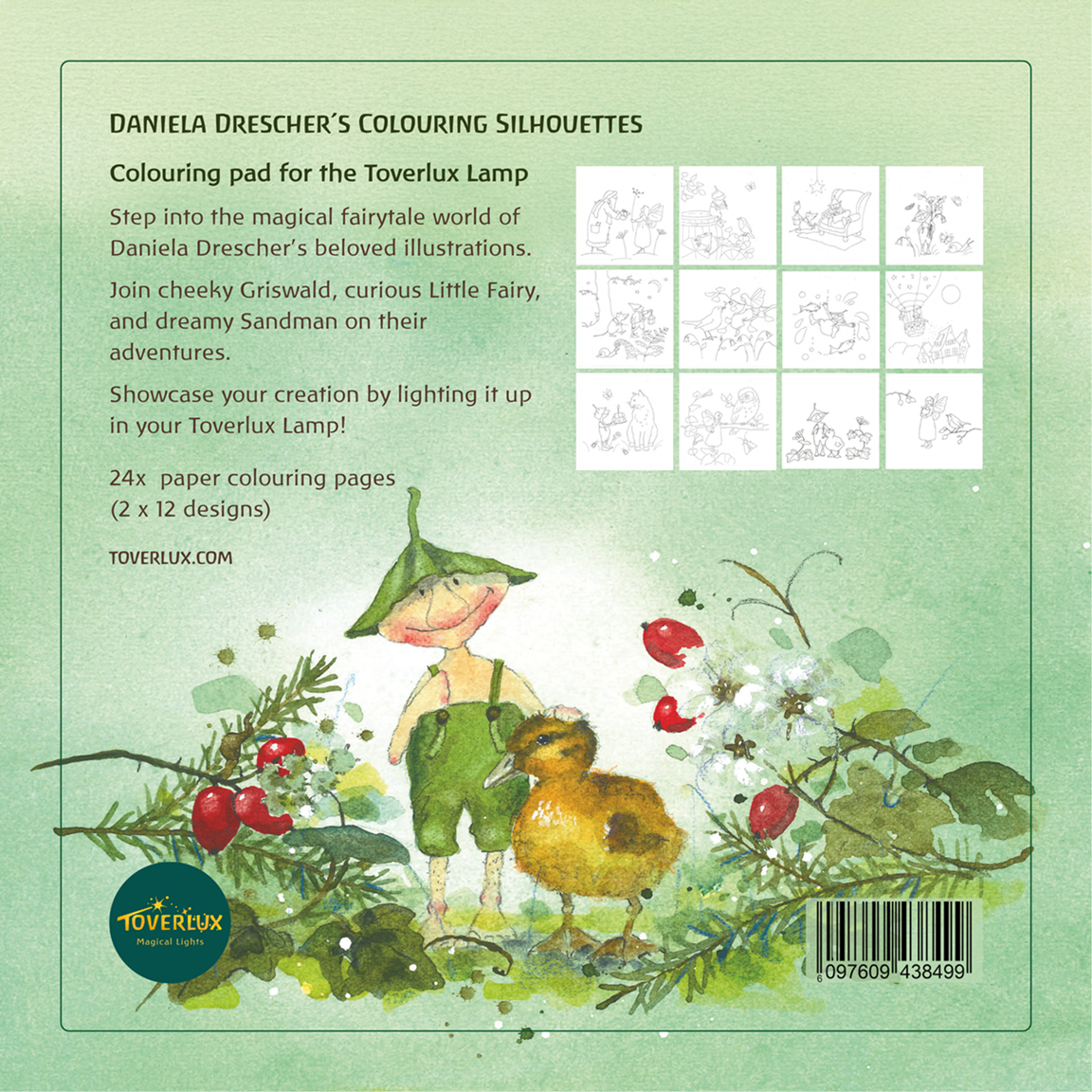 Colouring pad with 24 sheets of Griswald the Gnome to make DIY screens for Toverlux lamp[