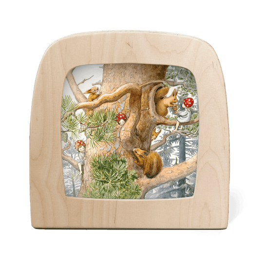 Mushroom elves and squirrels jplaying hide and seek in a big old tree.