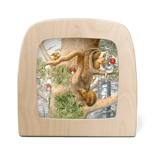 Mushroom elves and squirrels jplaying hide and seek in a big old tree.