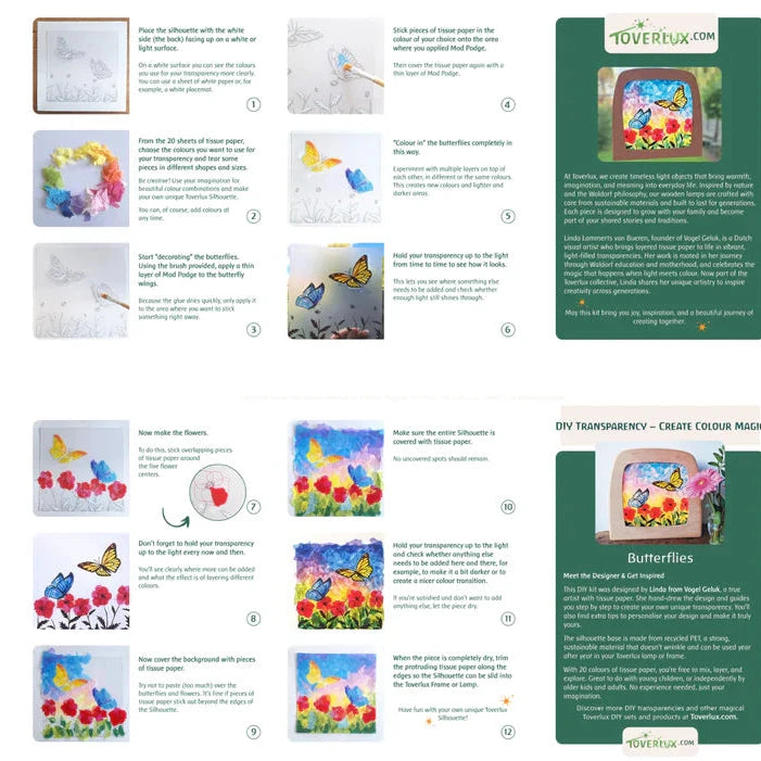 Instructions for creating transparency art with butterflies and flowers using a Toverlux kit.