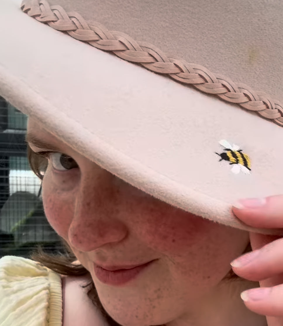 Juliette embroidered a bee from ont of her 'Stick and Stitch' kits onto the brim of her hat