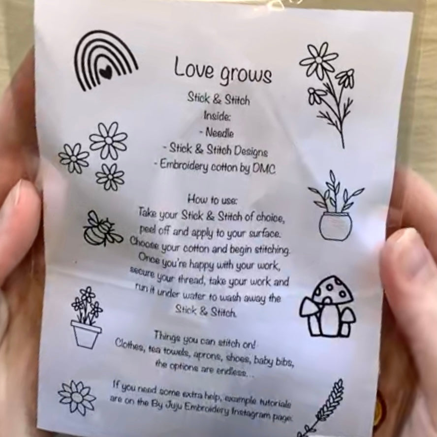 Juliette's Stick and Stitch kit 'Love Grows'  contains x10 garden themed motifs