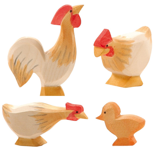 handmade wooden chickens by Ostheimer, beautifully painted in ochre shades.