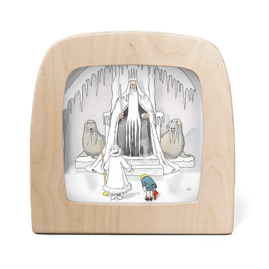 Jack frost and Olliebow before King Winter who is seated on a snowy throne flanked by two walrus