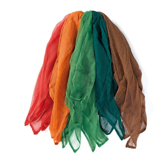 Five colorful scarves in red, orange, emerald, dark green, and brown on a white background