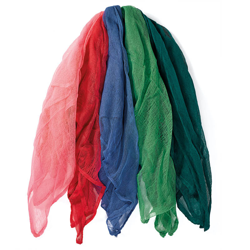 Five colorful cloths in rose, carmine red, indigo blue, teal and forest green on a white background