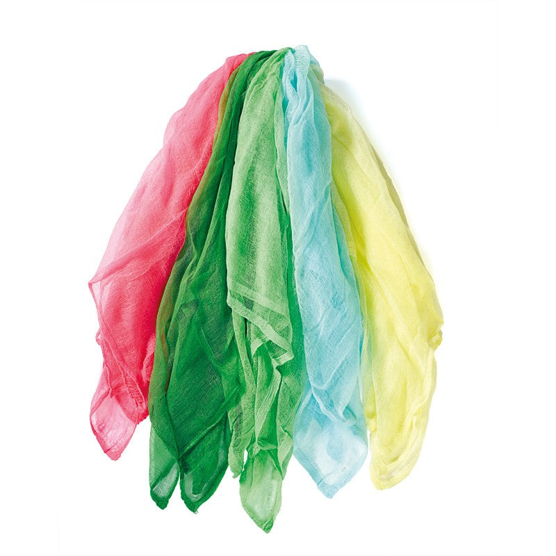 Five colorful scarves in spring shades of pink, greens, blue, and yellow on a white background