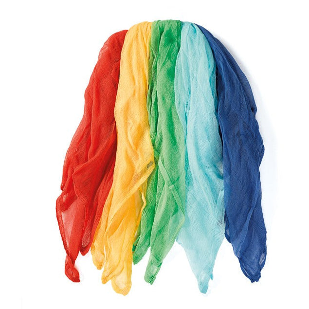 Set of five colorful scarves in bright red, yellow, grass green, light blue, and indigo on a white background