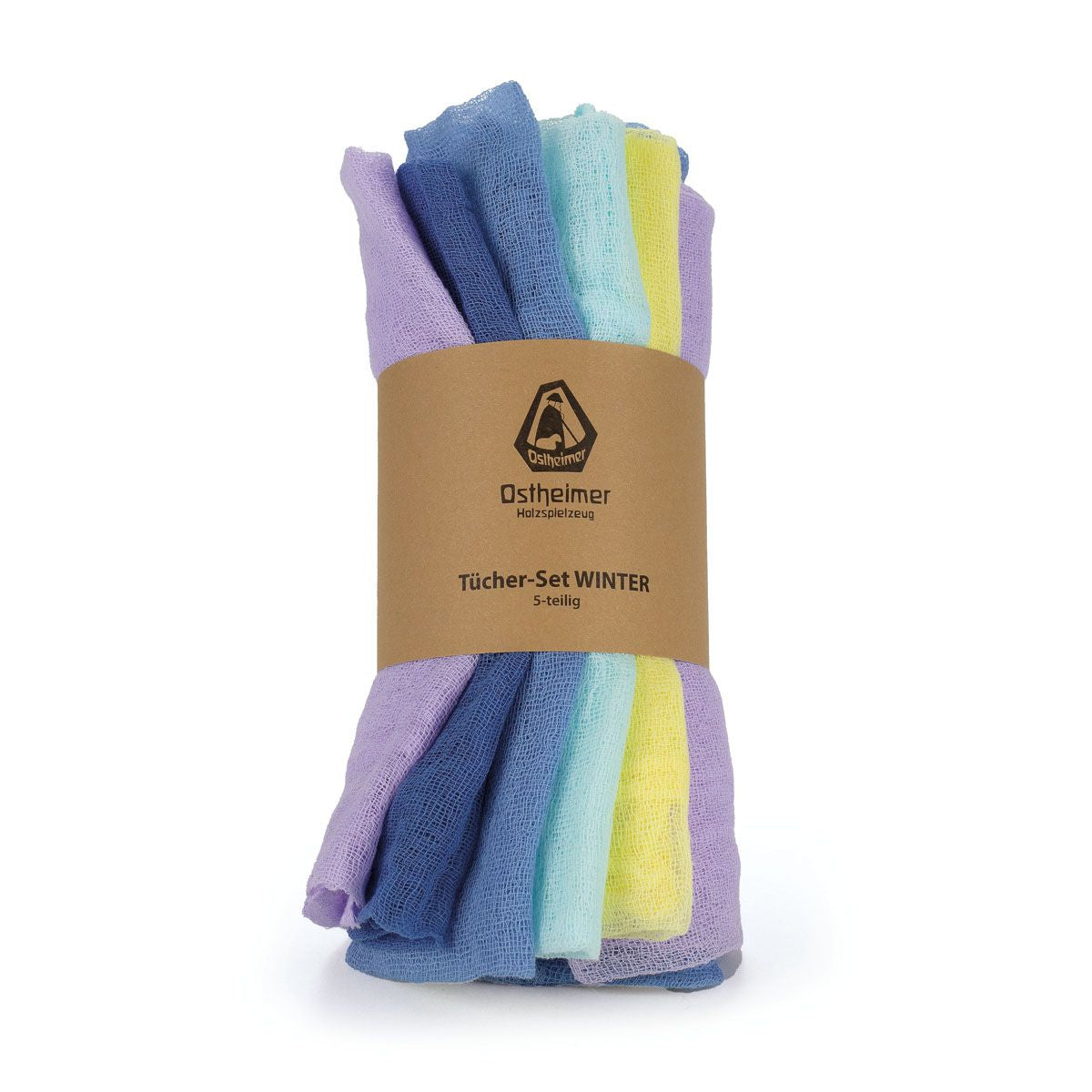 Set of Wintery colored cloths with a branded label on a white background