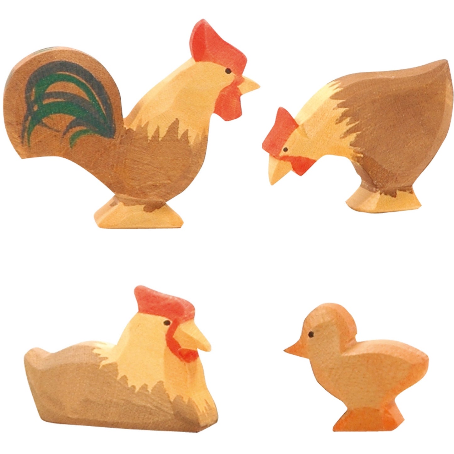 Hand made wooden chickens beautifully painted in Ochre and brown