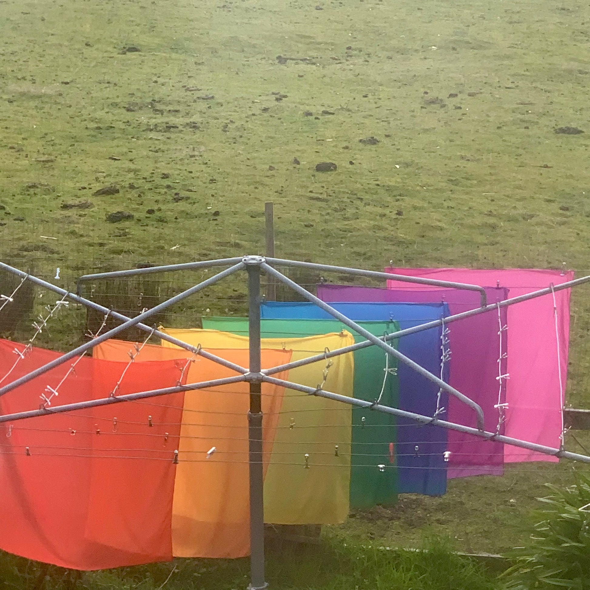 Play Silkies seven silk cloths hanging in rainbow order on the Hills Hoist washing line to dry on a misty morning