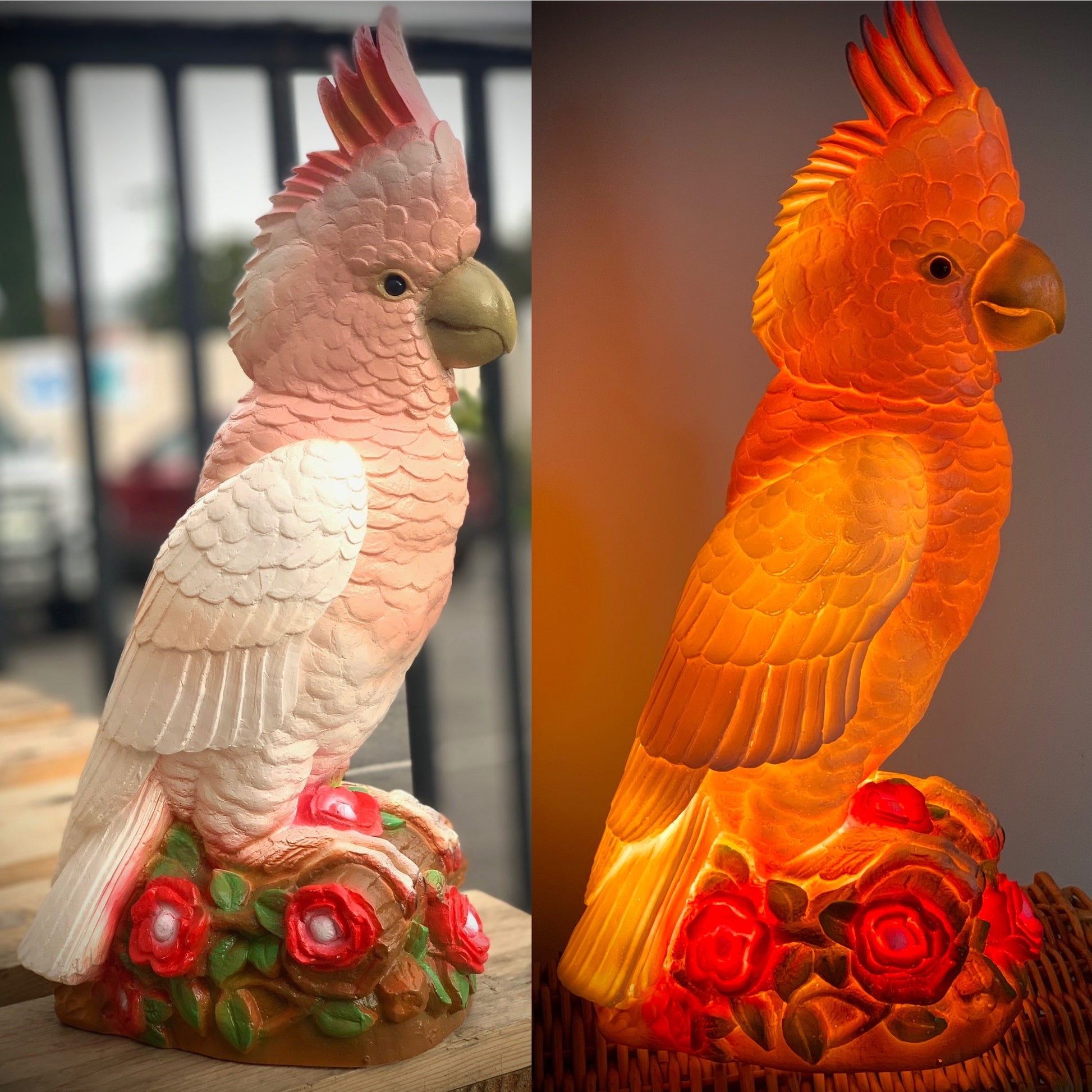 Two views of the new Major Mitchell pink Cockatoo night light; turned off on left, lit up on right