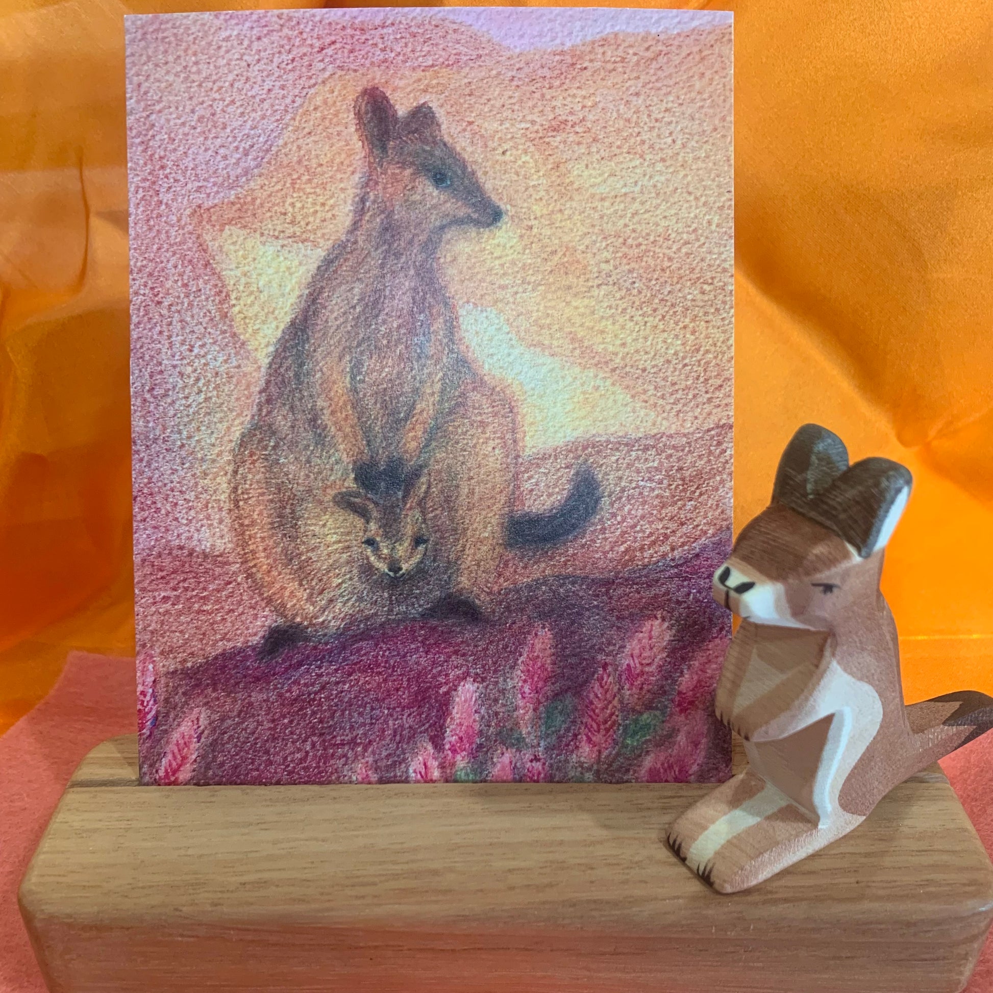 Wallaby card displayed with an Ostheimer wooden baby kangaroo figuring (sold separately)