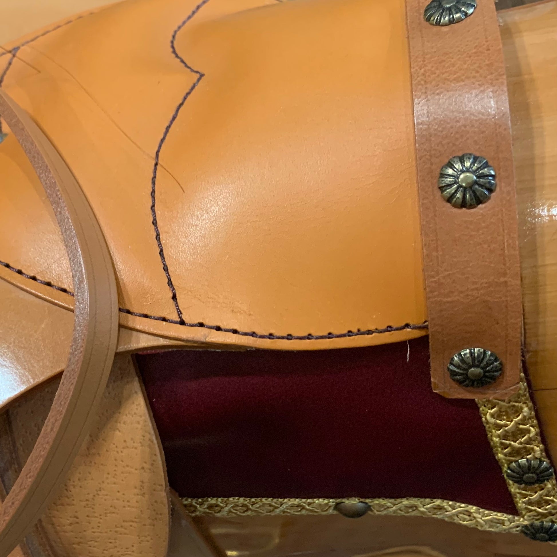 Our rocking horse features a beautifully hand made padded leather saddle and trimmings