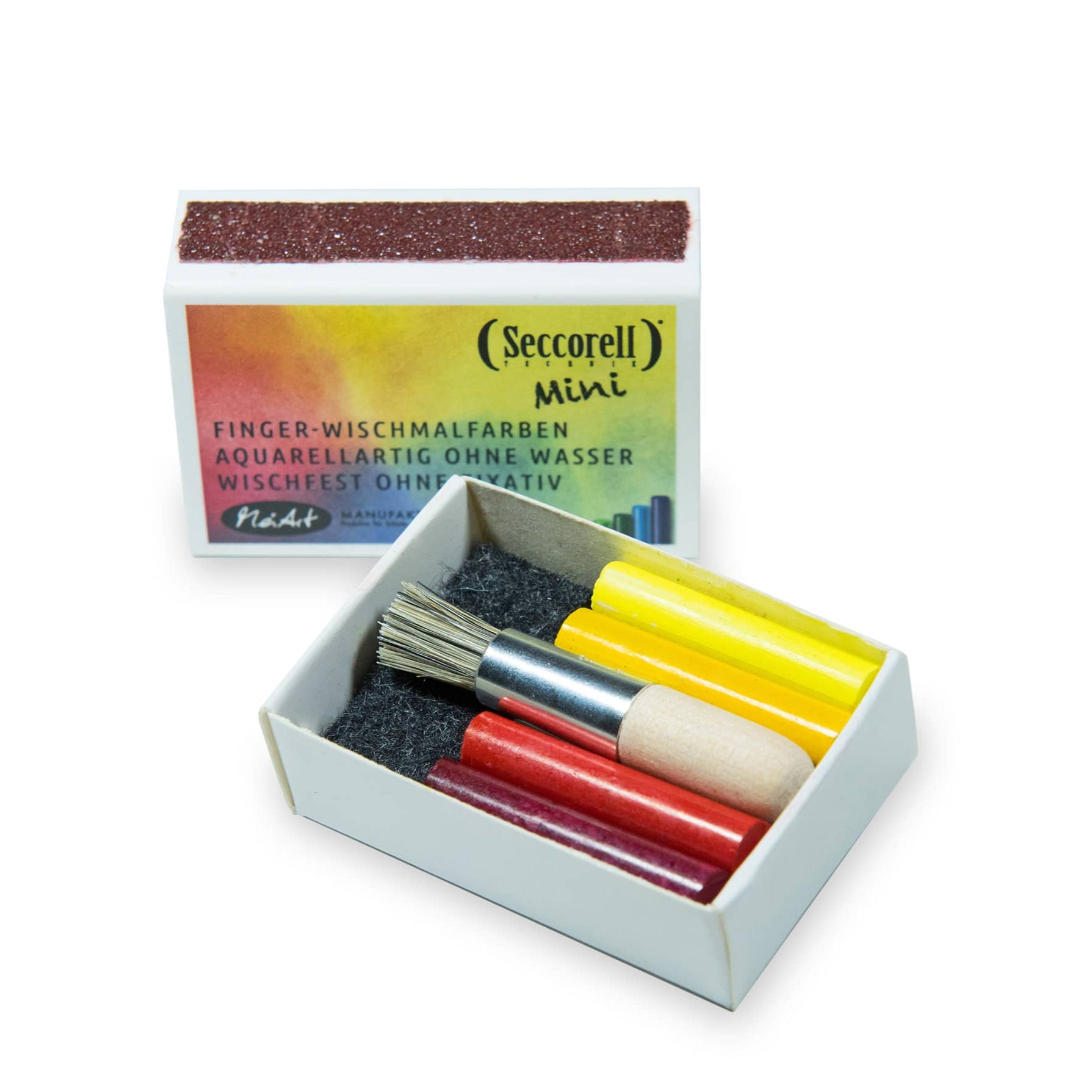 Set of colorful pastel smudge sticks in a box with Seccorell brand label on a white background