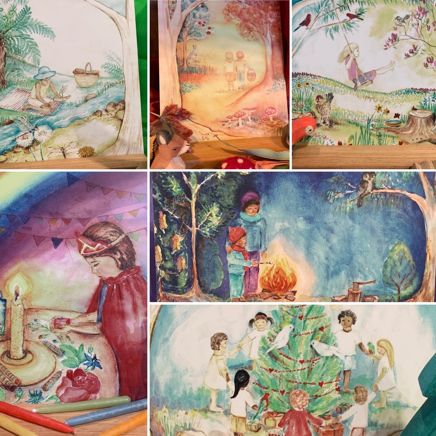 A set of six large postcards depicting seasonal themes, birthday and Christmas .