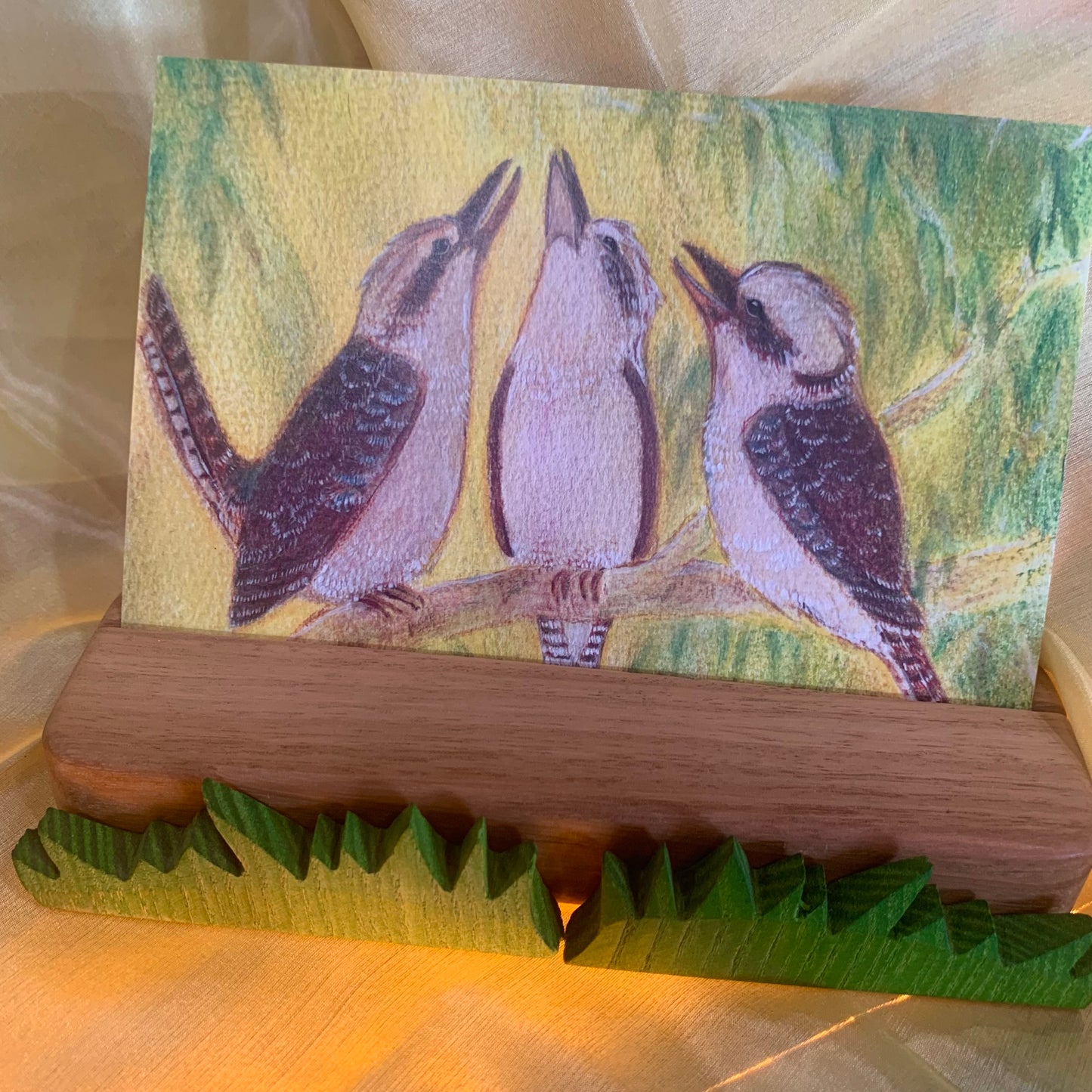 post card for nature table display featuring three kookaburras. Card stand and Ostheimer wooden grass (sold separately)