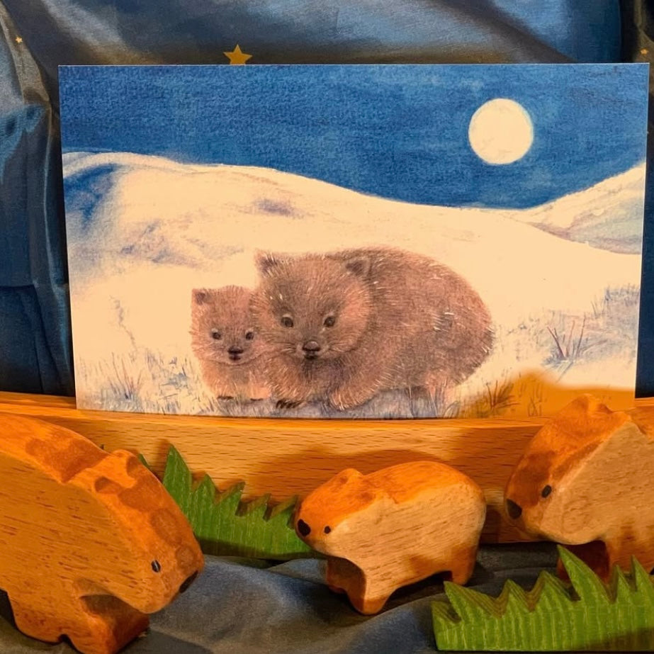 Wombat post card, with Ostheimer grass and wombat figurines by Bloom Wildly (sold separately)