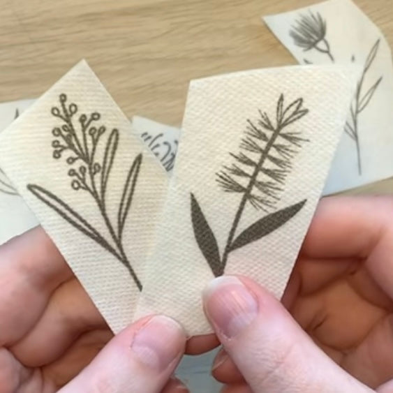 Juliette hand draws her original designs, they are printed onto stick and stitch material for her kits