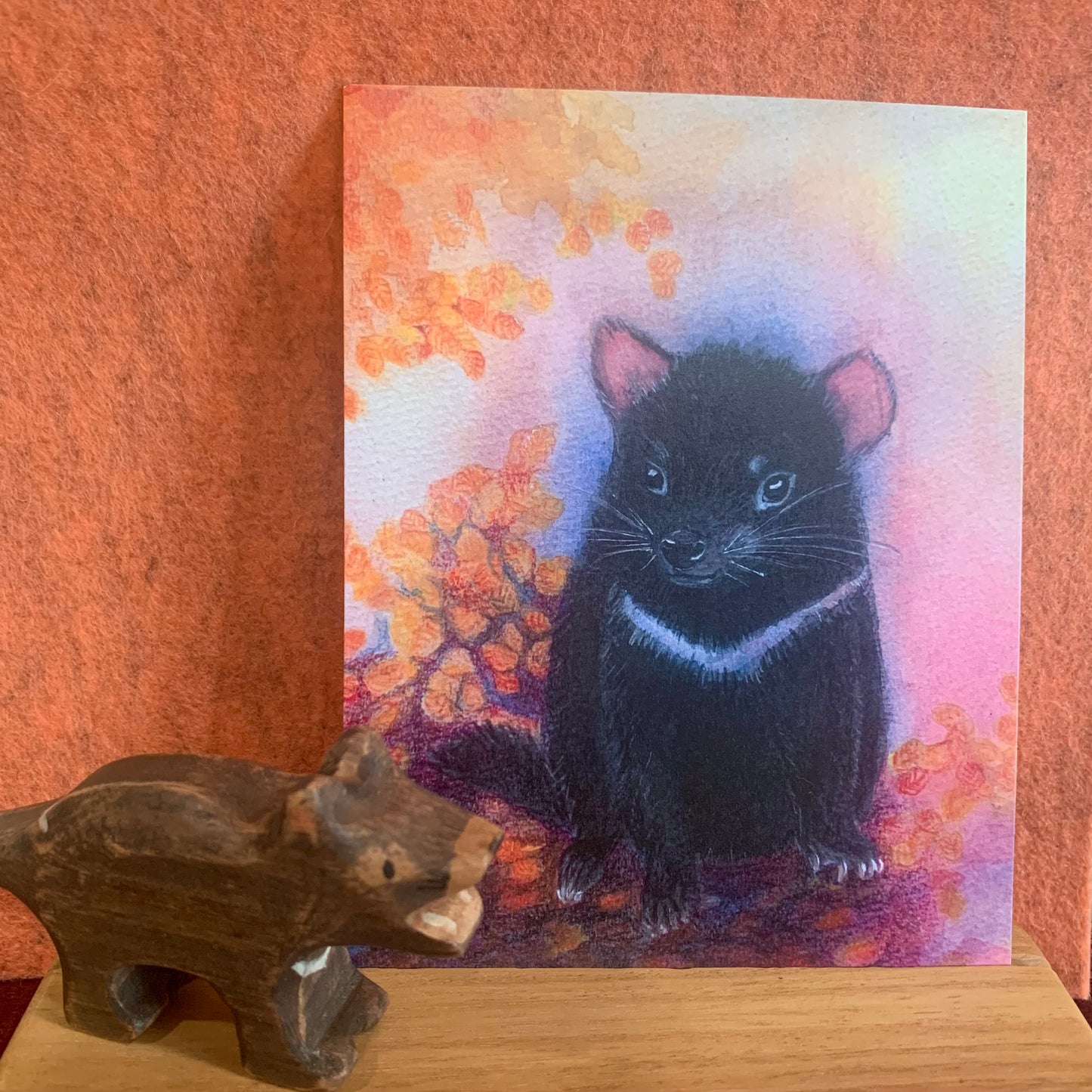 Tasmanian Devil in the Autumnal Fagus (Fagus is Australia's only deciduous tree), also pictured is a Tassie devil figurine by Bloom Wildly (sold separately)